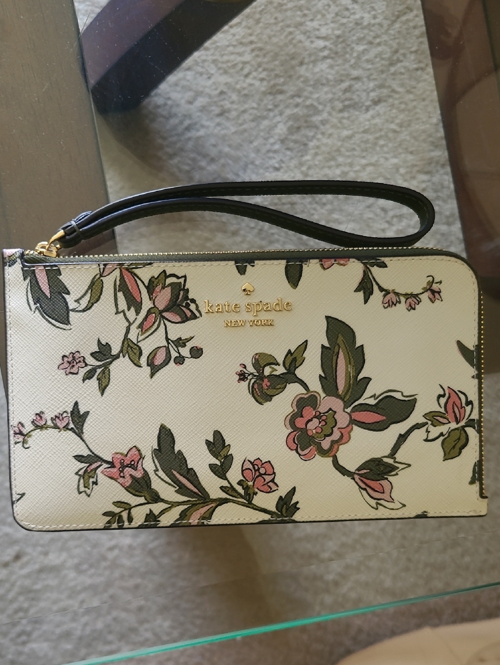 kate spade cream floral wristlet with pink & green accents